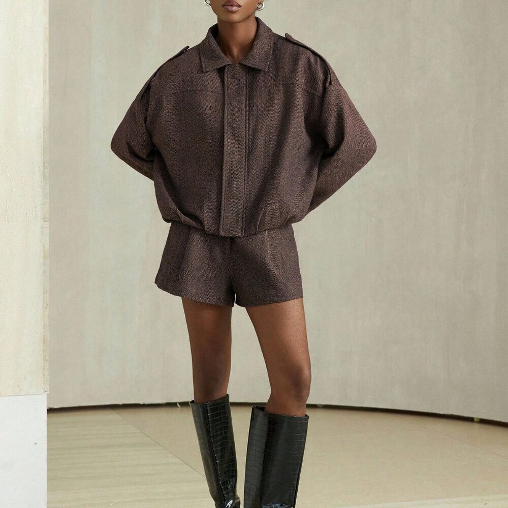 Casual Women's Multicolor Herringbone Batwing Sleeve Bomber Jacket & Shorts